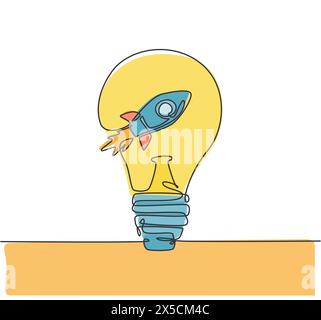 Un dessin en trait continu du lancement de fusée à l'intérieur de l'emblème du logo Clean Lightampoule. Concept de modèle d'icône de logotype de société cosmos Technology. Chant moderne Illustration de Vecteur