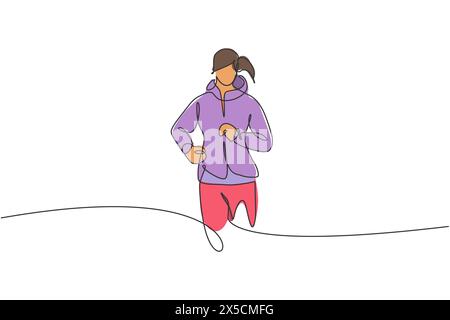 Un dessin en ligne continue de jeune coureuse sportive se détendent courir à la campagne. Mode de vie sain et concept sportif de jogging amusant. Unique dynamique Illustration de Vecteur