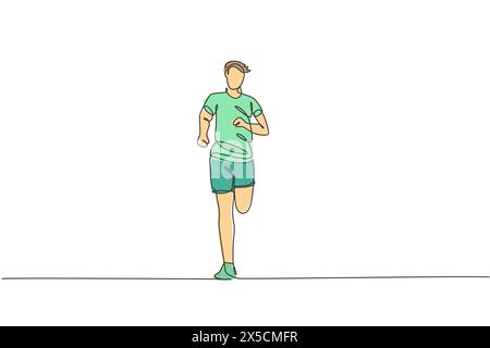 Dessin de ligne continue unique de jeune homme de coureur de santé heureux courir à la piste de course. Jogging sportif amusant et concept d'art de style de vie sain. Un tendance Illustration de Vecteur