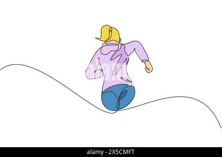 Un dessin en ligne continue de jeune coureuse sportive se détendent courir à la campagne. Mode de vie sain et concept sportif de jogging amusant. Unique dynamique Illustration de Vecteur