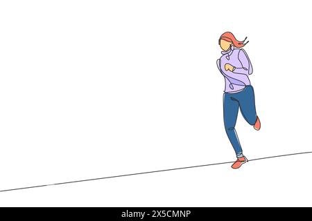 Un dessin en ligne continue de jeune coureuse sportive portant un sweat à capuche et se relaxant. Mode de vie sain et concept sportif de jogging amusant. Dynamique si Illustration de Vecteur