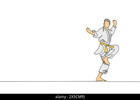 Un dessin simple ligne de jeune homme sportif karateka en uniforme de combat avec ceinture exerçant l'art martial à l'illustration vectorielle de gymnastique. Une vie sportive saine Illustration de Vecteur