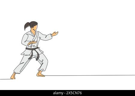 Un dessin en ligne continue d'une jeune fille de karateka talentueuse pose pour des combats en duel au centre de gym dojo. Maîtriser le concept de sport d'art martial. Dyna Illustration de Vecteur