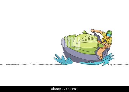 Un dessin en ligne continue de jeune homme énergique amusant jouer au jet ski dans l'océan. Concept de sport de style de vie sain. Joyeuses vacances touristiques. Dyna Illustration de Vecteur
