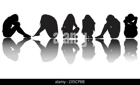 Ensemble de filles accroupissant dans la dépression et assis seules silhouettes sur fond blanc. Illustration vectorielle . Triste et pleurant, visage assis. Illustration de Vecteur