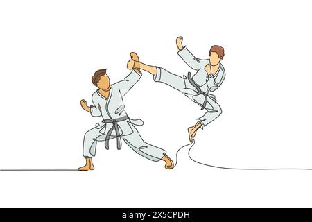 Dessin en ligne continue unique d'un jeune homme de karateka confiant en kimono pratiquant le combat de karaté au dojo. Concept d'entraînement sportif d'art martial. Tendance Illustration de Vecteur