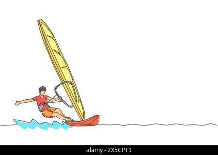 Dessin en ligne continue unique d'un jeune homme sportif surfeur jouant à la planche à voile dans la mer. Concept de sport marin extrêmement dangereux. Vacances d'été Illustration de Vecteur