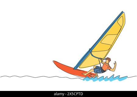 Dessin en ligne continue unique d'un jeune homme sportif surfeur jouant à la planche à voile dans la mer. Concept de sport marin extrêmement dangereux. Vacances d'été Illustration de Vecteur