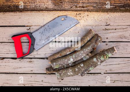 Vieille scie à main rouillée sur un fond de planches en bois avec quatre bûches de bois de chauffage coupé. Banque D'Images