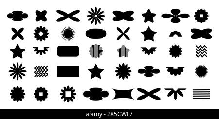 Formes géométriques abstraites dans le style rétro y2k. Figures brutalistes, fleurs et autres éléments primitifs. Illustration de Vecteur