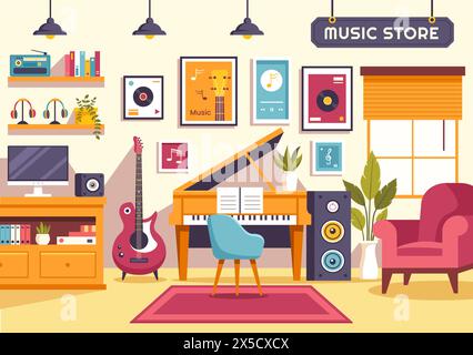 Music Store illustration vectorielle avec divers instruments de musique, CD, cassettes et enregistrements audio dans la conception de fond de dessin animé de style plat Illustration de Vecteur