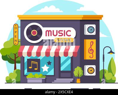 Music Store illustration vectorielle avec divers instruments de musique, CD, cassettes et enregistrements audio dans la conception de fond de dessin animé de style plat Illustration de Vecteur