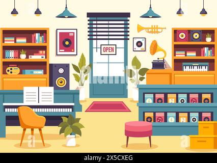 Music Store illustration vectorielle avec divers instruments de musique, CD, cassettes et enregistrements audio dans la conception de fond de dessin animé de style plat Illustration de Vecteur