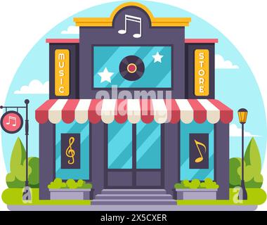 Music Store illustration vectorielle avec divers instruments de musique, CD, cassettes et enregistrements audio dans la conception de fond de dessin animé de style plat Illustration de Vecteur