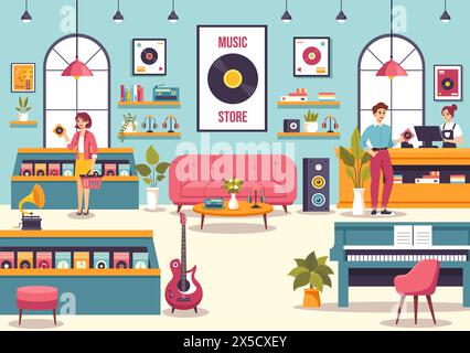 Music Store illustration vectorielle avec divers instruments de musique, CD, cassettes et enregistrements audio dans la conception de fond de dessin animé de style plat Illustration de Vecteur