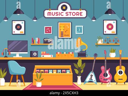 Music Store illustration vectorielle avec divers instruments de musique, CD, cassettes et enregistrements audio dans la conception de fond de dessin animé de style plat Illustration de Vecteur