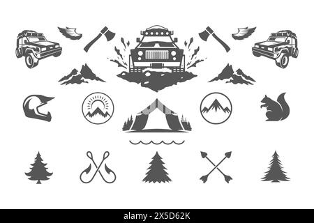 Camping et aventures en plein air éléments de conception et icônes Set illustration vectorielle. Montagnes, animaux sauvages et autres. Bon pour les t-shirts, les tasses, les salutations Illustration de Vecteur