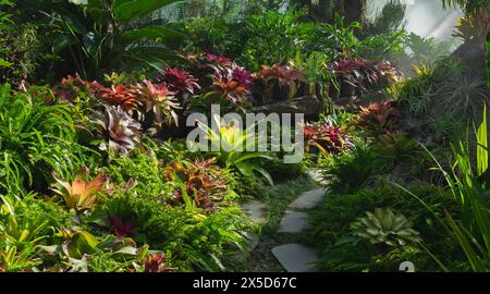 Une belle maison verte avec différents types de plantes feuillues colorées. Jardin botanique. Jardin botanique intérieur. Plantes tropicales. Banque D'Images