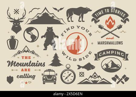 Ensemble d'éléments de conception de camping et d'aventure en plein air, citations et icônes illustration vectorielle. Montagnes, animaux sauvages et autres. Bon pour les t-shirts, les tasses, g Illustration de Vecteur