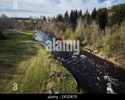 Nature de l'Estonie. La rivière Pirita coule à travers la forêt au printemps, drone photo. Banque D'Images