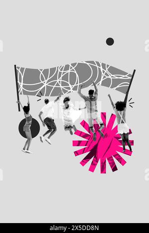 Collage d'images vertical Happy Jumping People démonstration mains levées pancarte proclame les droits de soutien de la communauté dessin fond Banque D'Images