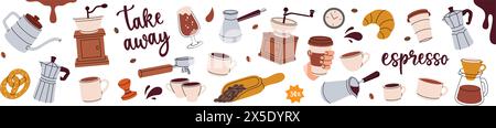 Ensemble café-restaurant. Menu café, café-restaurant. Haricots, boissons, tasses, pot, paquet, broyeur, filtre, machine, porte-filtre, bouilloire. Illustration vectorielle. Illustration de Vecteur