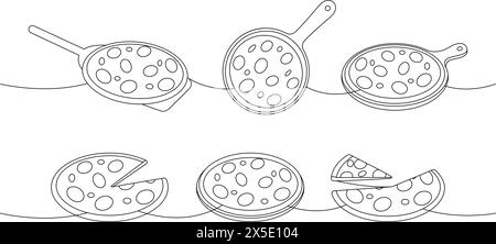 Ensemble de pizza sur planches en bois dessin continu d'une ligne. Illustration continue d'une ligne de restauration rapide italienne traditionnelle. Illustration linéaire vectorielle Illustration de Vecteur