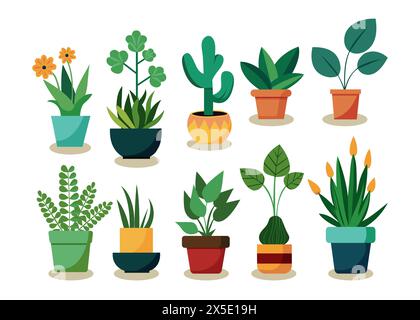 Plantes à la maison en pot de fleurs. Ensemble de plantes d'intérieur Illustration de Vecteur