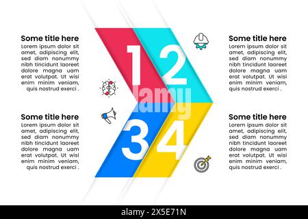 Modèle d'infographie avec icônes et 4 options ou étapes. Flèche abstraite. Peut être utilisé pour la mise en page de flux de travail, diagramme, bannière, webdesign. Illustration vectorielle Illustration de Vecteur