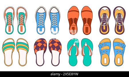 Collection de baskets de chaussures pour homme dans un style de dessin animé. Ensemble dessiné à la main de chaussures décontractées, bottes. Chaussures habillées pour pied d'homme. Illustration vectorielle isolée Illustration de Vecteur