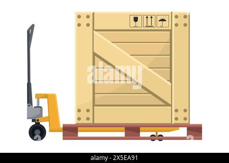 Patin hydraulique avec boîte d'emballage en bois empilée sur une palette pour l'exportation et le transport. Logistique de fret et d'expédition. Stockage industriel et dist Illustration de Vecteur