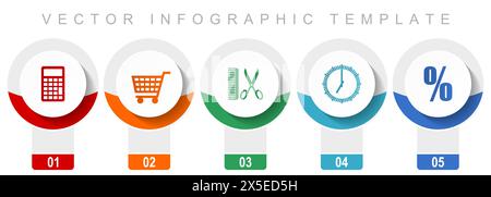 Jeu d'icônes d'achat, icônes vectorielles diverses telles que la calculatrice, le panier, le barbier, l'horloge et le pourcentage, modèle infographique de conception moderne, boutons Web dedans Illustration de Vecteur