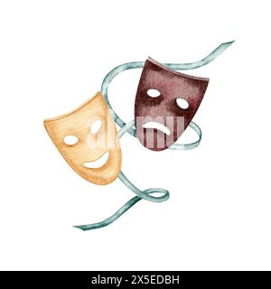 Acteurs théâtraux comédie et tragédie masques composition. Illustration d'aquarelle dessinée à la main isolée sur fond blanc. Logo de programme musical vintage Banque D'Images