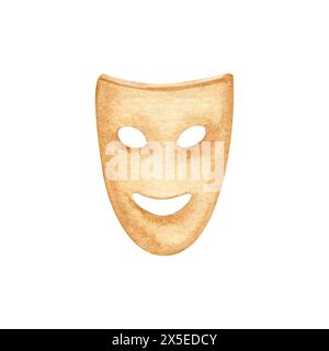 Masques de comédie pour acteurs théâtraux. Expression du sourire heureux. Illustration d'aquarelle dessinée à la main isolée sur fond blanc. Billet vintage avec logo de carnaval Banque D'Images