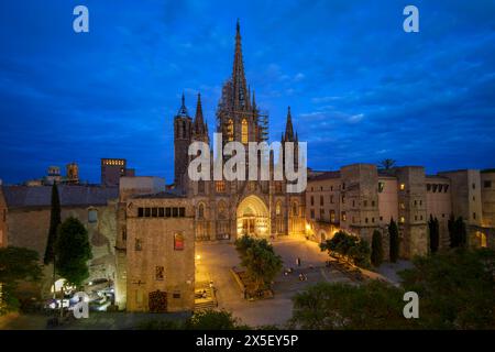 Crépuscule Blue Hour vue en angle de la cathédrale gothique de Barcelone et de la place dans le quartier médiéval El Born de Barcelone historique, Espagne. Banque D'Images