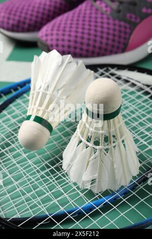 Volants de badminton en plumes, raquettes et baskets sur le court, gros plan Banque D'Images