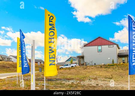 De nouveaux drapeaux de maison ondulent le long d'une rue dans une subdivision à flanc de colline de nouvelles maisons près de Spokane, État de Washington, États-Unis. Banque D'Images