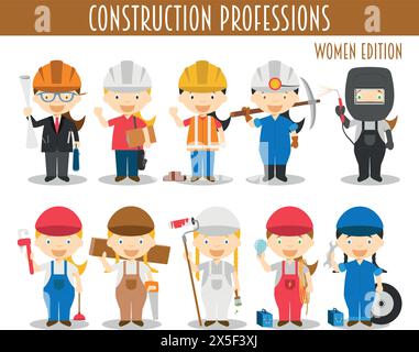 Ensemble vectoriel de professions de construction dans le style de dessin animé. Édition femme. Illustration de Vecteur