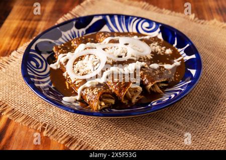 Enmoladas de poulet. Aussi connu sous le nom de mole poblano enchiladas, ils sont un plat mexicain typique qui est très populaire au Mexique et dans le reste du monde. Banque D'Images