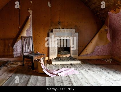 L'intérieur de la maison abandonnée croft à Arivruaich (Airidh a Bhruaich), île de Lewis, Hébrides extérieures, Écosse Banque D'Images