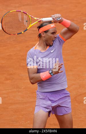 Rafael Nadal (ESP) joue lors du match de premier tour contre Zizou Bergs (bel) le quatrième jour de l'Internazionali BNL D'Italia 2024 au Foro Italico le 09 mai 2024 à Rome, Italie. Banque D'Images