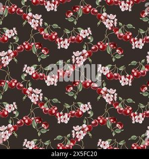Baies de cerise avec des fleurs et des feuilles, motif floral sans couture d'aquarelle sur fond sombre pour le textile de table, vaisselle en porcelaine, impressions délicieuses Banque D'Images