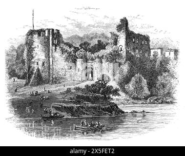 Château de Chepstow à la fin du XIXe siècle, vue depuis la rivière Wye. Illustration en noir et blanc de notre propre pays vol III publié par Cassell, Petter, Galpin & Co à la fin du XIXe siècle. Banque D'Images