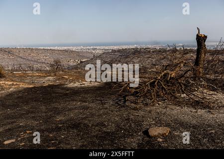 Limassol, Limassol, Chypre. 9 mai 2024. Limassol est vu derrière la colline, Limassol, Chypre, en mai. 9, 2024. Un feu de forêt a éclaté dans la zone industrielle d'Ipsonas, à quelques kilomètres du centre de Limassol, qui a brûlé principalement de la végétation sauvage. (Crédit image : © Kostas Pikoulas/ZUMA Press Wire) USAGE ÉDITORIAL SEULEMENT! Non destiné à UN USAGE commercial ! Banque D'Images