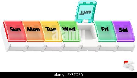 Illustration de l'organisateur de pharmacie en plastique pour les pilules pour chaque jour de la semaine sur blanc. Un distributeur hebdomadaire de médicaments a ouvert pour jeudi Illustration de Vecteur