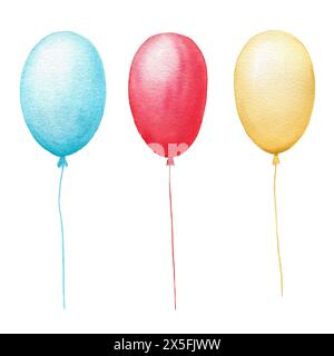 Ballons, trois couleurs différentes - bleu, rouge, jaune. Illustration aquarelle. Objets isolés sur fond blanc. Pour la conception et la composition de pos Banque D'Images