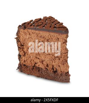 Morceau de délicieux gâteau aux truffes au chocolat isolé sur blanc Banque D'Images