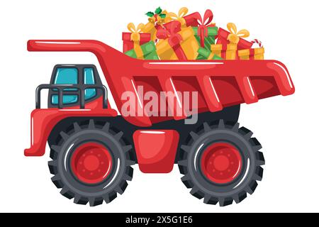 Camion minier transportant des boîtes-cadeaux pour Noël. Red dumper livrant surprises et cadeaux. joyeux noël. Célébrer le début d'un joyeux nouvel y Illustration de Vecteur