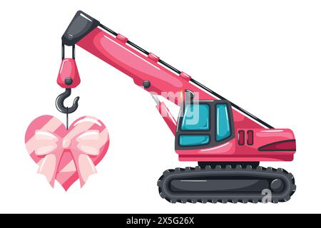 Grue sur chenilles télescopique ou grue à chaîne de couleur rose de dessin animé soulevant une boîte cadeau en forme de coeur pour la Saint-Valentin. Machinerie lourde utilisée dans les constructi Illustration de Vecteur