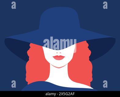 Portrait d'une femme rousse dans un chapeau. Femme élégante abstraite avec chapeau couvrant ses yeux. Portrait sans visage. Illustration vectorielle Illustration de Vecteur